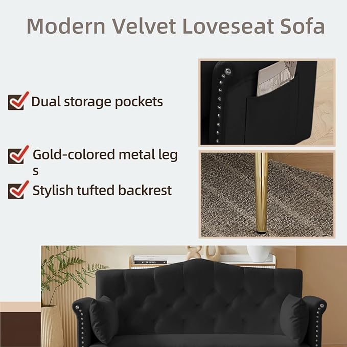 Small Velvet Loveseat Sofa with Gold Metal Legs55-inch Modern Sofa Couch with 2 Side PocketsCouch with Tufted Backrest for Living Room Bedroom Office (Black)