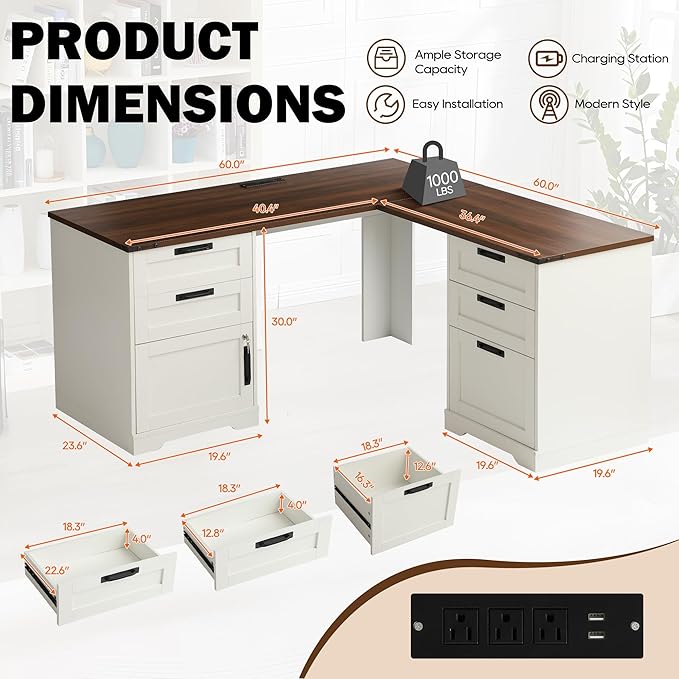 MAGIC UNION L Shaped Executive Desk with Drawers Home Office Desks with Charging Station File Drawer Lockable Adjustable Storage Cabinet Large Corner Computer Table for Work and Study (Brown)