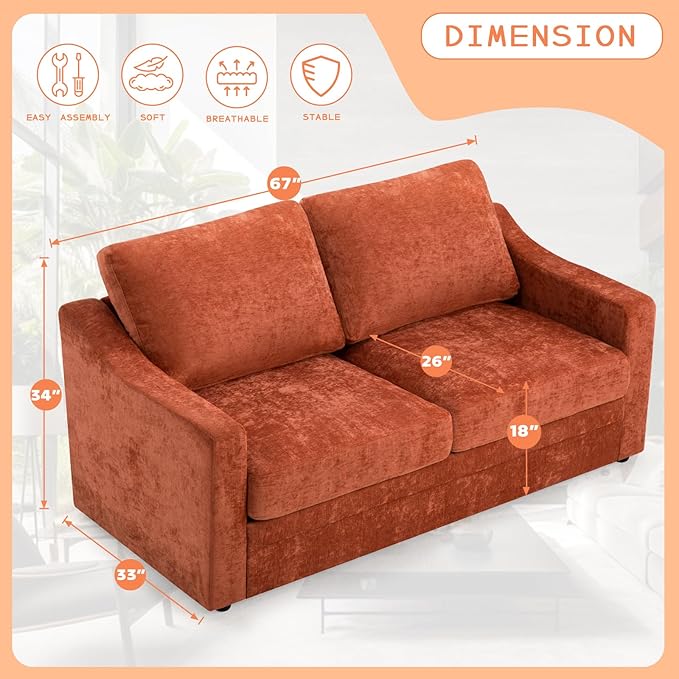 67” Chenille Loveseat Sofa w/Comfortable Back Cushions &amp Curved Armrests Modern 2-Seat Couch w/Deep Seat Space Upholstered 2 Seater Sofa w/High Resiliency Foam for Living Room Orange