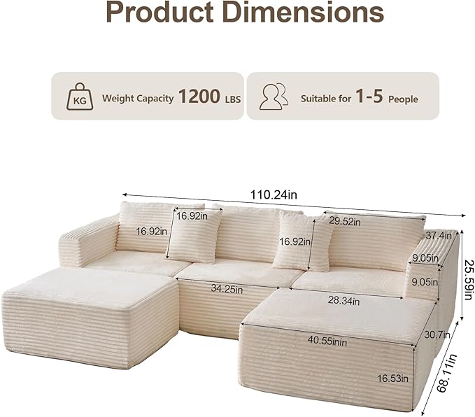 110 Corduroy Boneless Modular Sectional Sofa Cloud Couch with Memory Foam Deep Seats U-Shaped Couches for Living Room Bedroom and Apartment No Assembly Required Beige