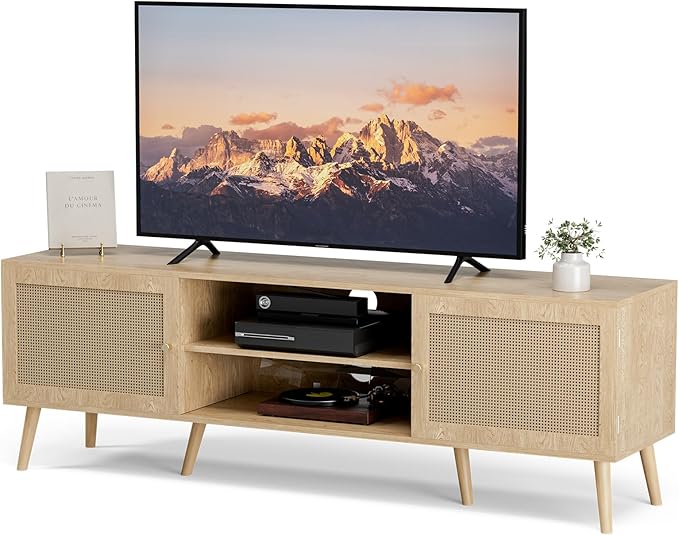 TV Stand for TVs up to 65'' Entertainment Center With Rattan Door Shelves &amp 2 Cabinets Long Boho Media Console for Living Room Natural