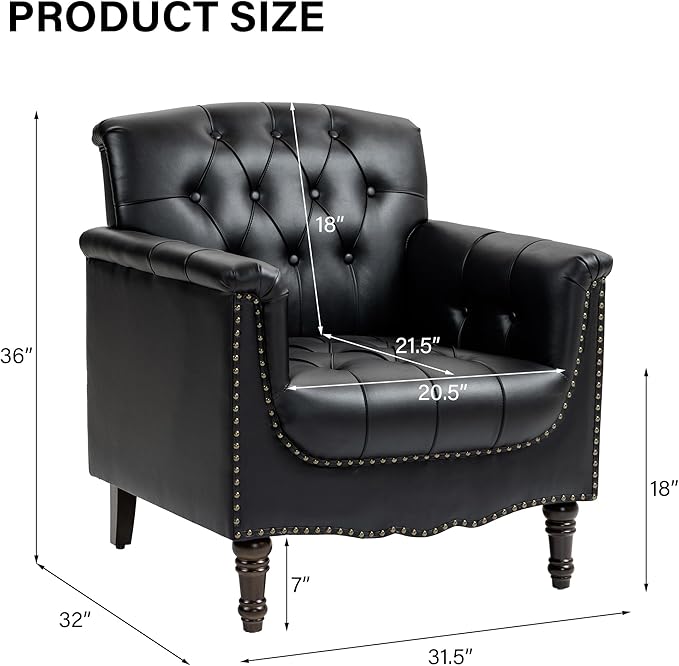 Faux Leather Accent Chair PU Leather Modern Comfy Upholstered Armchair with Wood Legs &amp Nailhead Trim for Living Room Bedroom (BlackSet of 2)
