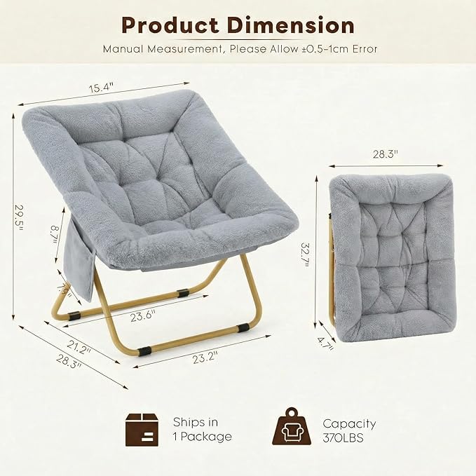 Folding Saucer Chair Comfy Reading Chair with Soft Thick Padded Seat Plush Faux Fur Lounge Chair for Small Space Bedroom Dorm Living Room X-Large Lazy Chair for Adults Teens Kids