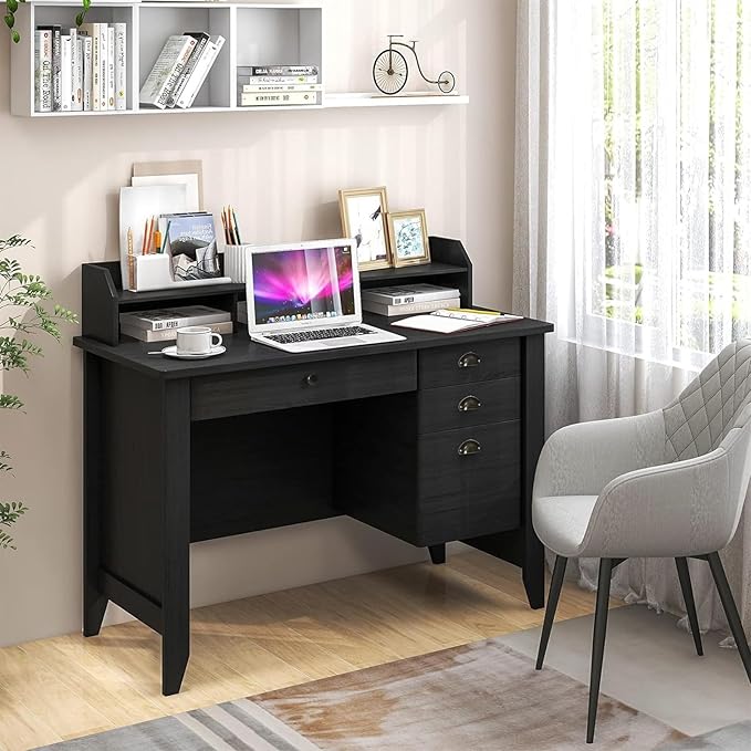 GOFLAME 48” Computer Desk with Hutch Vintage Home Office Desk with Storage Drawers &amp Shelves Space Saving Laptop PC Table Wooden Study Writing Workstation Black