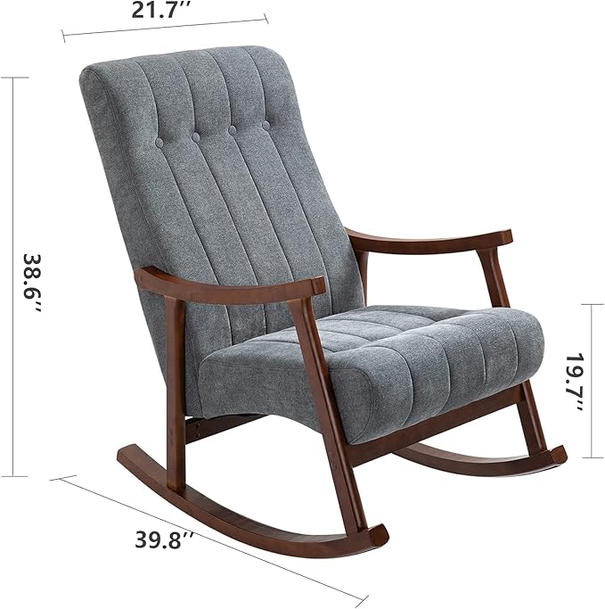 AVAWING Upholstered Rocking Chair with Fabric Padded Seat Comfortable Rocker Solid Wood for Living Room Modern High Back Armchair for Adult Dark Grey