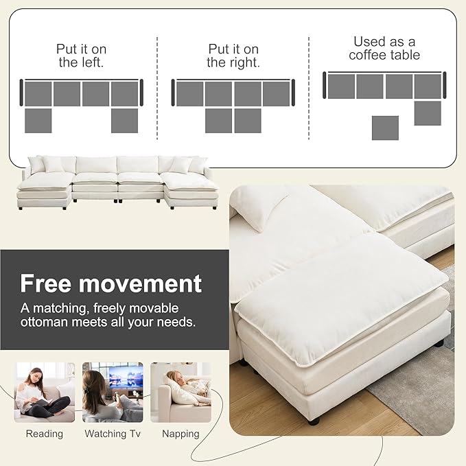 143.31 U Shaped Cloud Modular Sofa with Chaise Lounges Sectional Couches for Living Room Deep Seat Cloud Couch Chenille Comfy with Pillow