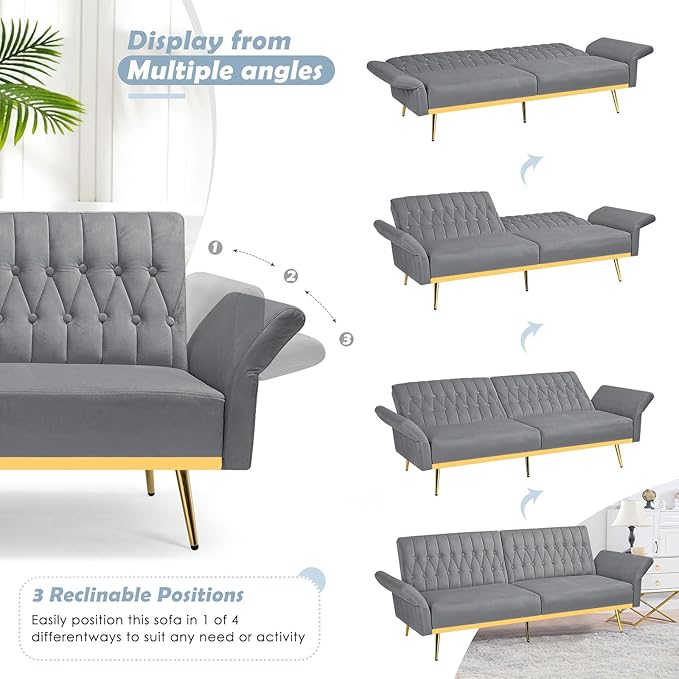 70 Velvet Futon with Adjustable Backrest and Armrests Sofa Bed with Extra Pillows for Waiting Room Living Room and Office Grey