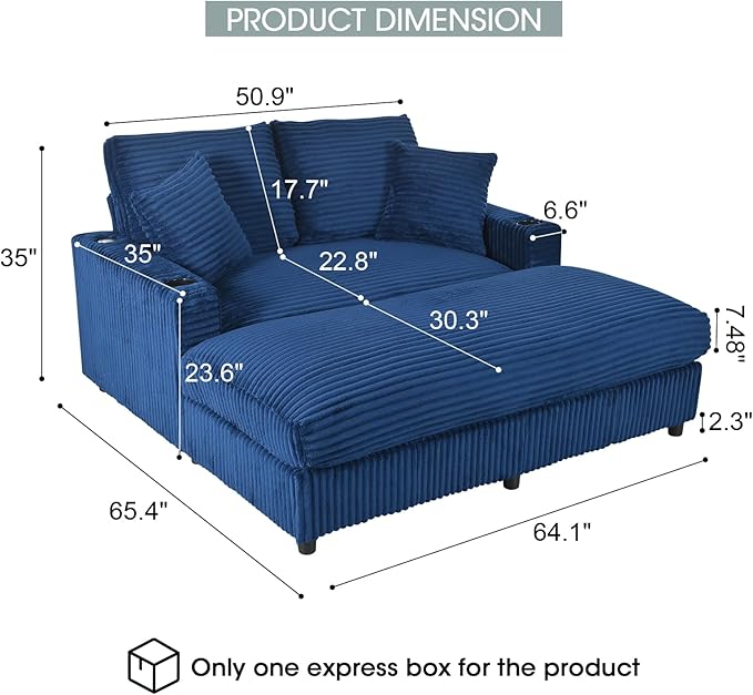 64 Chaise Lounge Indoor Reading Chair with 2 Pillows USB Charger Cup Holder Corduroy Sofa Bed Lazy Sleeper Couch Oversized Chaise Lounge Chair for Apartment Blue