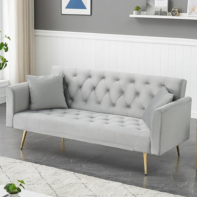 71 Modern Velvet Sofa Bed Futon Convertible Sleeper Couch with Adjustable Backrest Tufted Recliner Loveseat with Golden Chrome Legs &amp 2 Pillows for Small Spaces Living Room Apartment (Gray)