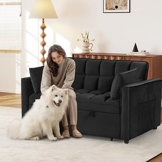 ANJ 3 in 1 Convertible Sofa Bed Pull Out Futon Loveseat Sleeper Sofa Couch with Adjustable Backrest Storage Pockets 2 Pillows for Living Room Bedroom