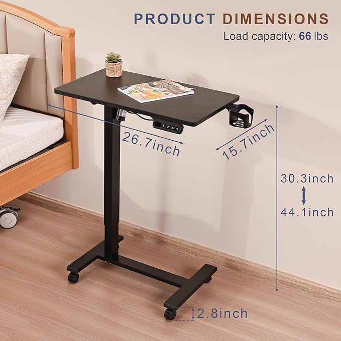 Electric Overbed Table with Wheels Height Adjustable Bedside Sofa Recliner Side Tables C Shaped Rolling Standing Small Laptop Desk for Home Office Black