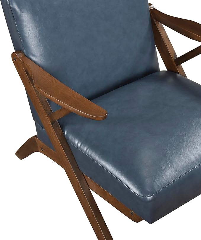 Lexicon Mid Century Modern Accent Chair Faux Leather Upholstered Lounge Seat Brown Finish Solid Wood Framed Comfy Side Chair for Living Room/Bedroom/Office/Waiting Area Blue