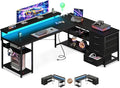 AODK 61 L Shaped Desk with Drawer Computer Desk with Power Outlets &amp LED Lights Reversible Corner Gaming Desk for Home Office Workstation Office Desk with Monitor Shelf Pure Black