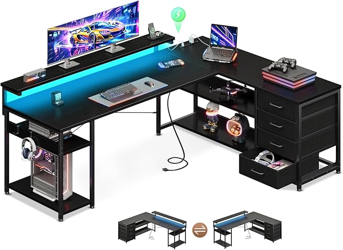 AODK 61 L Shaped Desk with Drawer Computer Desk with Power Outlets &amp LED Lights Reversible Corner Gaming Desk for Home Office Workstation Office Desk with Monitor Shelf Pure Black