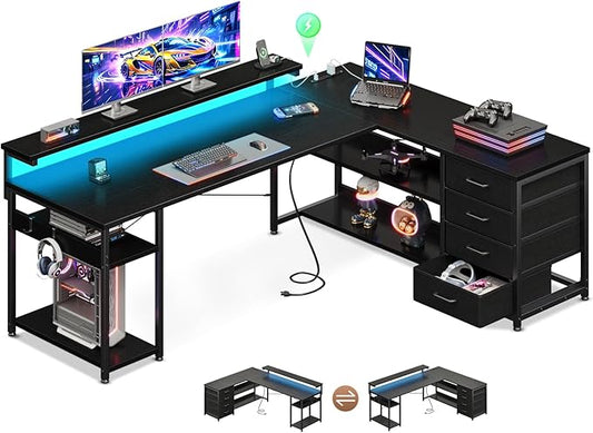 AODK 61 L Shaped Desk with Drawer Computer Desk with Power Outlets &amp LED Lights Reversible Corner Gaming Desk for Home Office Workstation Office Desk with Monitor Shelf Pure Black