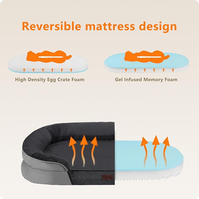 Dwanton Orthopedic Dog Bed for Large Dogs with Gel Memory Foam Waterproof Dog Sofa Washable Pet Bed with Four Sided Bolster Cushion Removable Cover &amp Non-Slip Bottom 38 Dark Gray