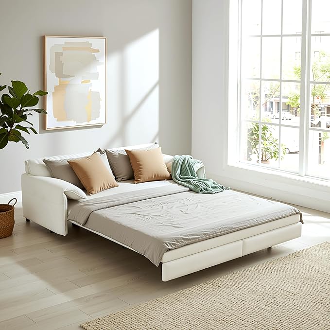 Homy Casa 66 3-in-1 Convertible Sofa Bed Queen Size Pull-Out Bed with Side Storage Velvet Loveseat Modern Sleeper Sofa for Living Room Office or Guest Room Beige