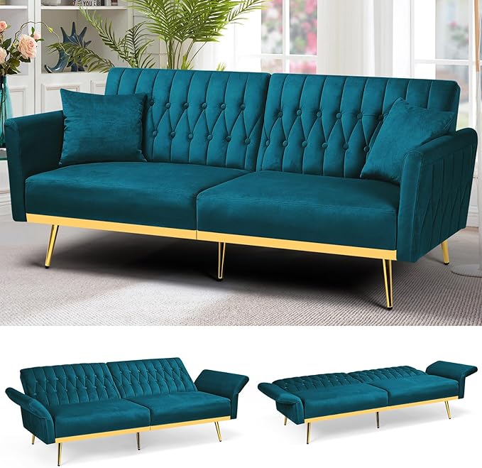 70” Velvet Futon Sofa Bed w/Adjustable Armrests and Backrest Convertible Futon Couch w/2 Pillows Modern Sleeper Bed for Living Room Bedroom Teal