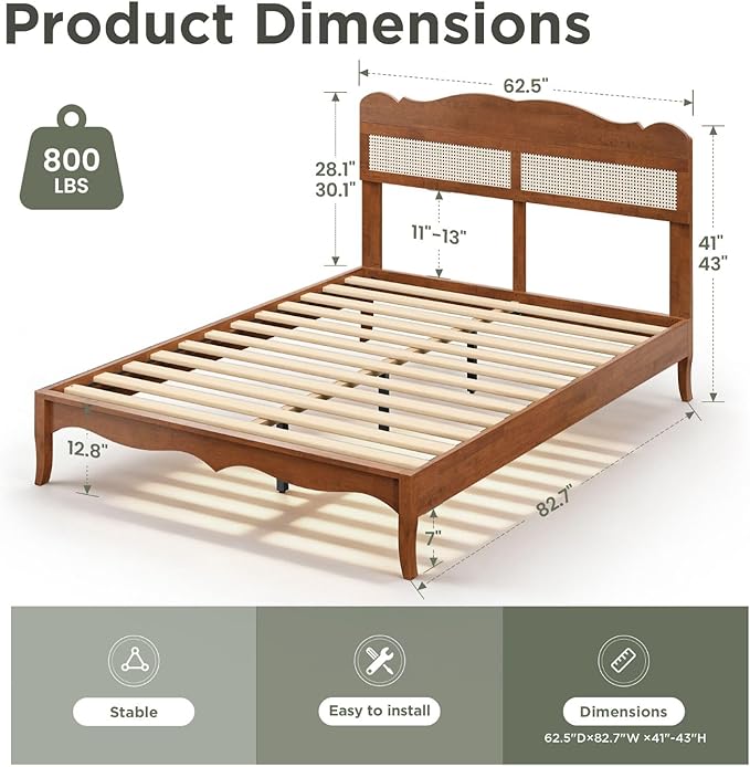Sophia &amp William Queen Bed Frame with Adjustable Headboard Wooden Bed Frame Queen Size Solid Wood Slats Support No Box Spring NeededBrown