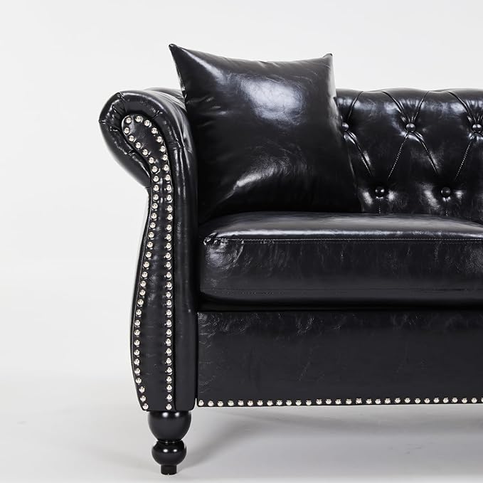 Leather Couche for Living Room 84 Inch Mid-Century Upholstered Modern Sofa CouchLeather Sofa Couch with Wooden Legs Chesterfield Sectional (Black)