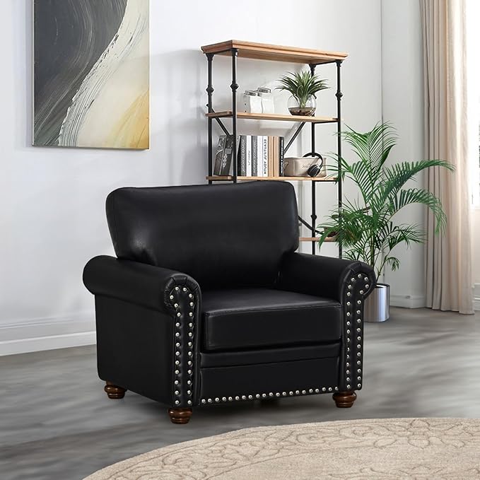 3 Piece Faux Leather Sofa SetMid Century Modern Couch and Loveseat Sets with StorageComfy Deep Seat Sofa with Nailhead Trim &amp Rolled Arm for Living RoomOffice(Armchair+Loveseat+3 SeaterBlack)