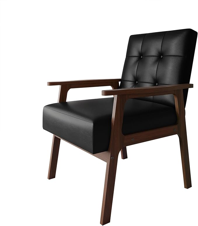 Accent Chair with Button-Tufted Polyurethane Upholstery Wooden Armrests Cushioned Seat Easy Assembly Black