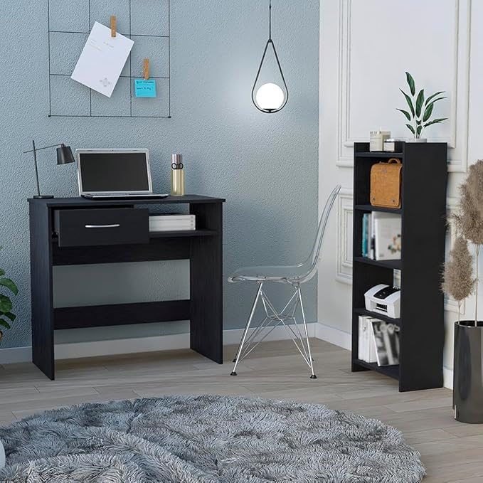 Kaimei Home Office Desk with Keyboard Tray and Drawer - Spacious Work Surface - Modern Black Wengé Finish