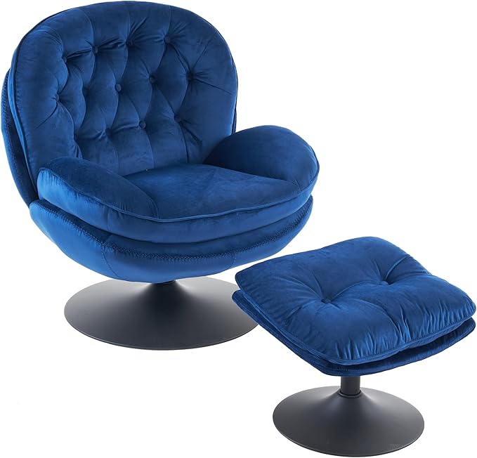 Velvet Swivel Accent Chair with Ottoman Set Modern Tufted Armchair with Footrest for Living Room Reading TV Chair for Adults Comfy Chaise Lounge Chairs with 360 Degree Swiveling for Bedroom Blue