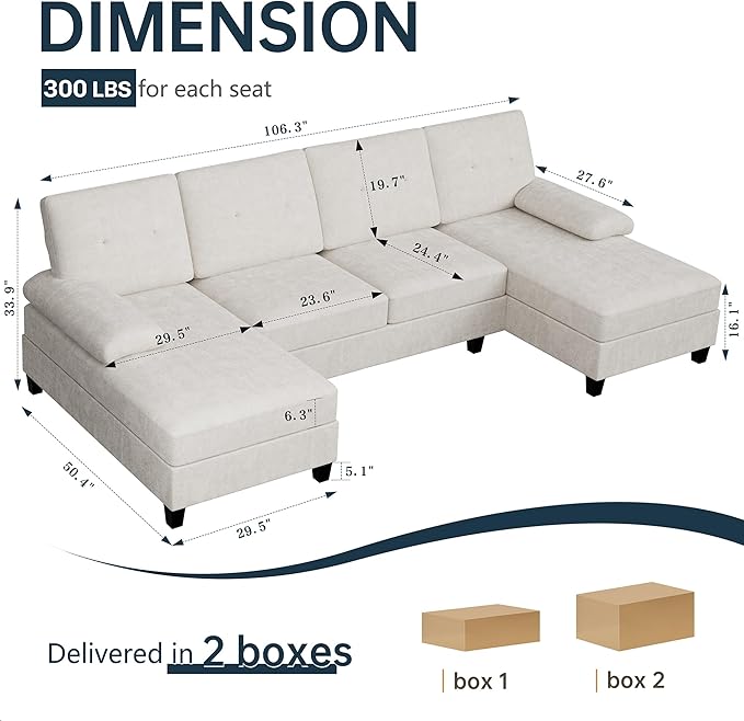 Meilocar 106 U Shaped Sectional Sofa for Living Room 4-Seat Fabric Couch with Double Chaise Longue Comfortable Large Sectional with 300lbs Capacity per Seat for Apartment &amp Home Pure White