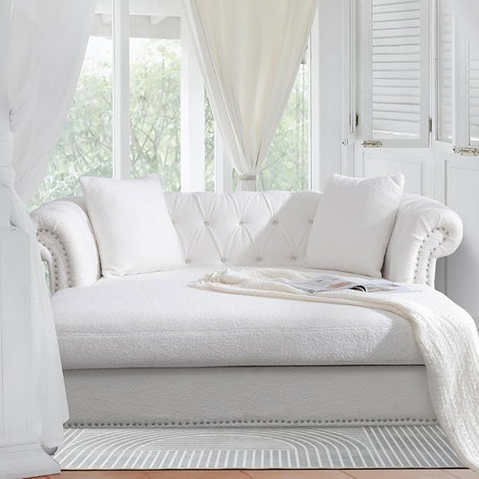 63 Loveseat Chaise Lounge Couch with 2 Pillows Upholstered Teddy Velvet Loveseat Chaise Sofa with Tufted Back Roll Arms 2-Seater Couch for Living Room Apartments Office(White)