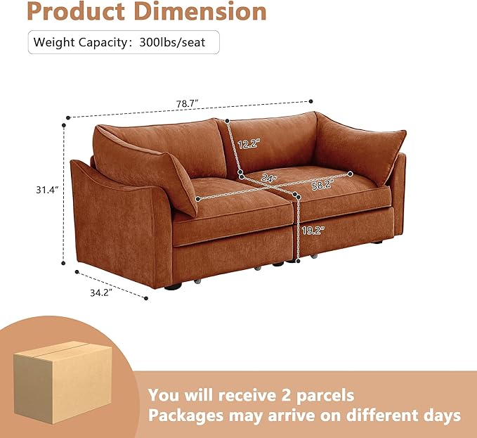 Modular Sectional Sofa with Pull Out Storage Drawers 78.7 Comfy Upholstered Chenille 2-Seat Sofa Oversized Deep Loveseat Couch 2 Armrest Pillows for Living Room Bedroom Apartment Orange