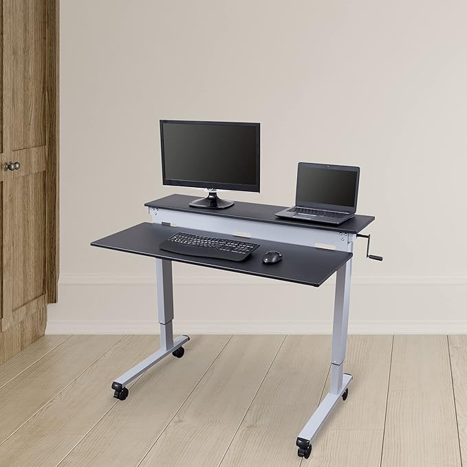 S STAND UP DESK STORE Crank Adjustable 2-Tier Standing Desk with Heavy Duty Steel Frame (Silver Frame/Black Top 48 inch Wide