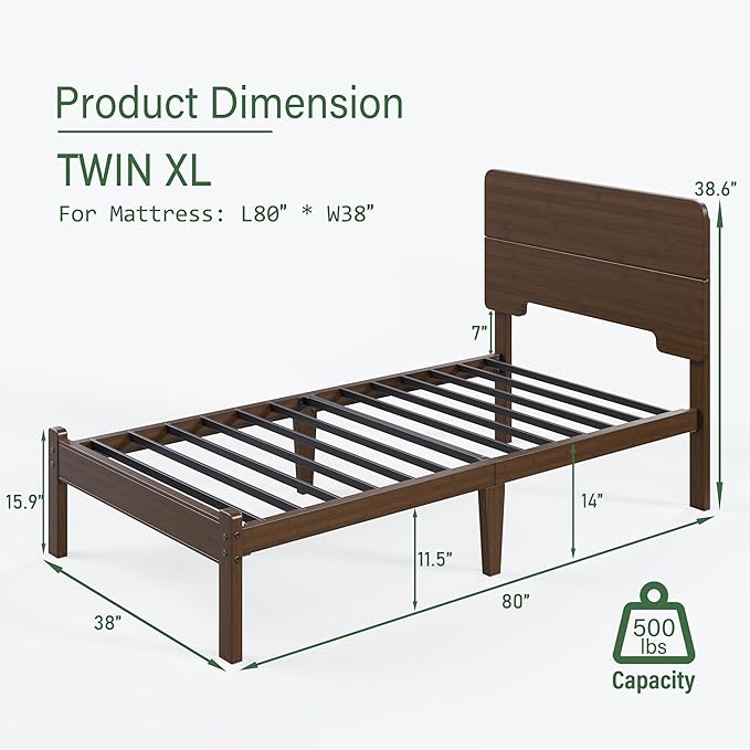 14in High Solid Bamboo Wood Platform Twin XL Bed Frame with Headboard Reinforced Heavy Duty Metal Slats Noise Free No Box Spring Needed Easy Assembly Walnut