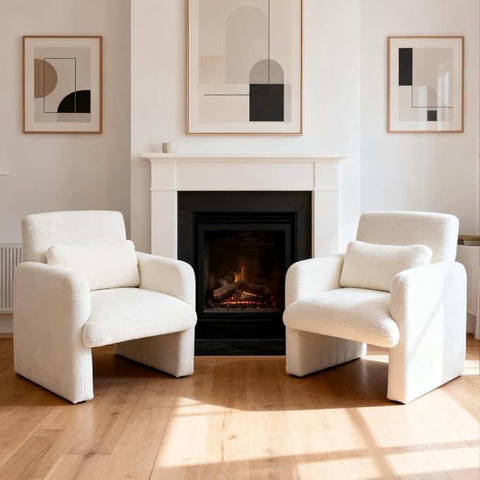 Velvet Accent Chair Set of 2 Modern Upholstered Armchair Teddy Velvet Comfy Padded Reading Chairs for Bedroom Single Sofa Chair with Wood Frame