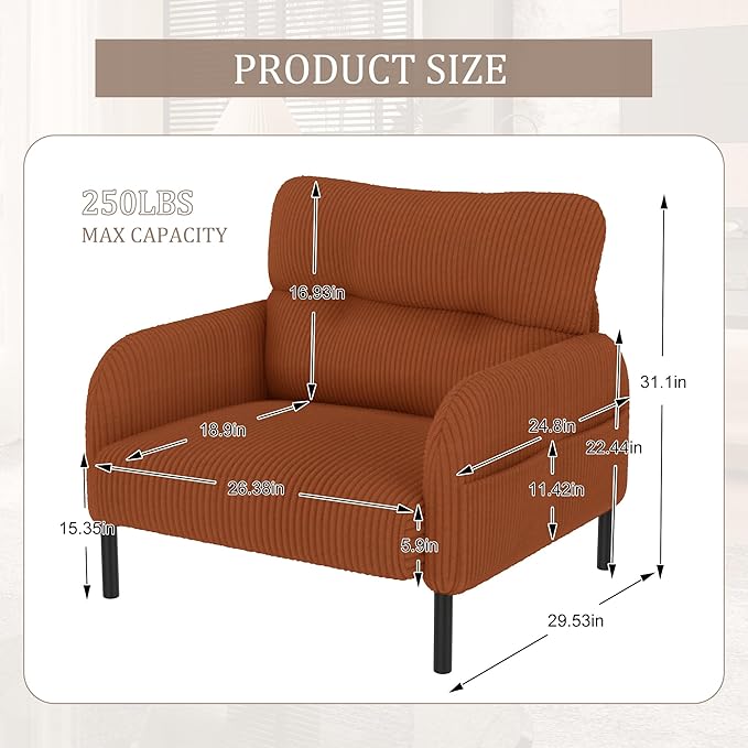 26 Modern Single Couch Sofa Corduroy Fabric Armchair Upholstered Sofa Single Sofa Chairs for Small Space Living Room Bedroom Apartment Orange