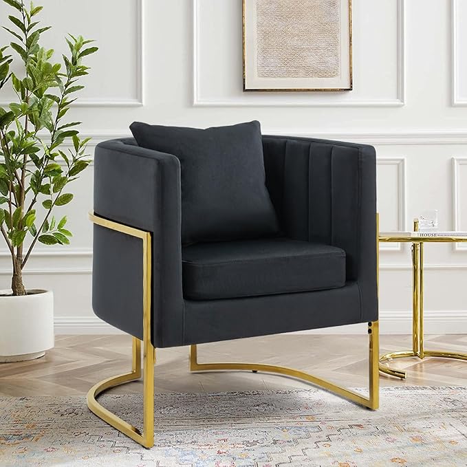 X-VOLSPORT Velvet Accent Chair in Black Modern Barrel Arm Chair for Living Room/Bedroom/Guest Reception Upholstered Club Armchair with Pillow &amp Gold Base