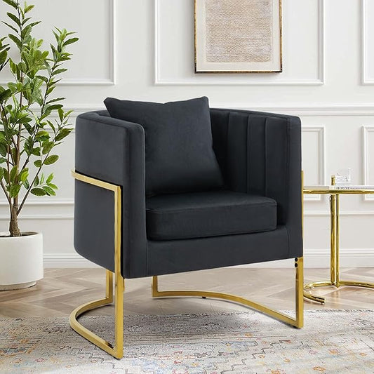 X-VOLSPORT Velvet Accent Chair in Black Modern Barrel Arm Chair for Living Room/Bedroom/Guest Reception Upholstered Club Armchair with Pillow &amp Gold Base