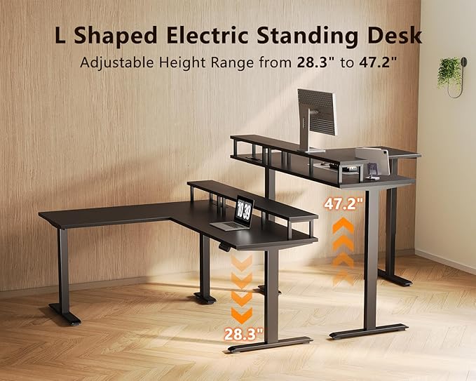 AODK Electric L Shaped Standing Desk with Monitor Stand 59 Inch Height Adjustable Corner Desk with Power Outlets Large Sit Stand Table Reversible Computer Desk for Home Office Black