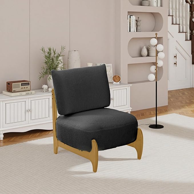 Modern Living Room Accent Chair Teddy Fleece Solid Rubberwood Frame Contemporary Lounge Seating for Reading Corner (Black)