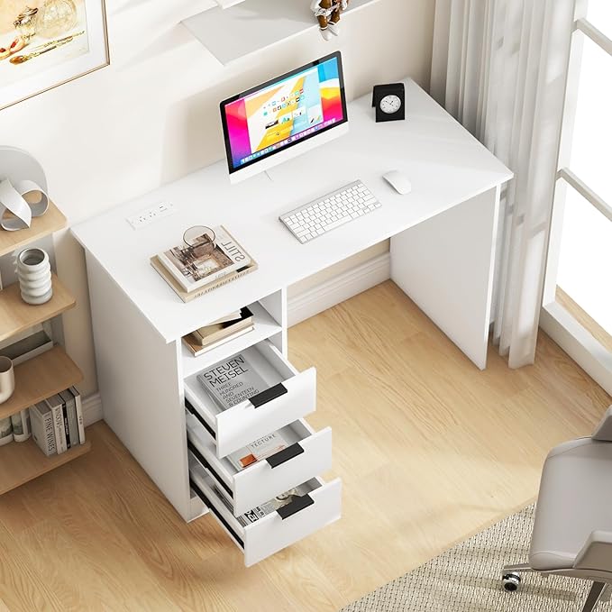 NAFORT Home Office Computer Desk with 3 Storage Drawers Writing Table with Storage Shelf Gaming Desk with Charging Station Laptop PC Desk with Power Outlet for Small Space White