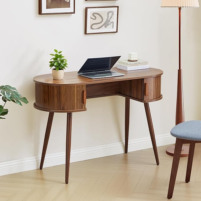 Mid-Century 43 Samll Writing Desk Home Office Computer Laptop Wood Desk with Storage Elegant Fluted Vanity Table Multifunctional Study Desk for Office Bedroom (Wlanut-43)