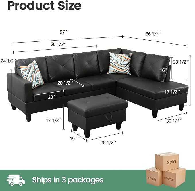 Sectional Couches for Living Room Furniture Sets 4 Seat L Shaped Couches with Ottoman Modular Sectional Sofa for Apartment Furniture Sets Black
