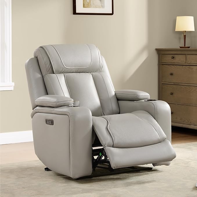 Watson &amp Whitely Super Zero Gravity Recliner Chair Oversized Genuine Leather Electric Recliner W Power Adjustable Headrest &amp Lumbar Support Hidden Storage for Living Room Light Grey