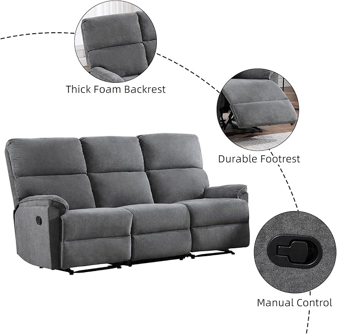 EBELLO Fabric Manual Reclining 3 Seat Sofa Couch Recliner Sofa with Sturdy Robust Metal Base 3 Seats for Small Living Room Bedroom and Meeting Room Grey