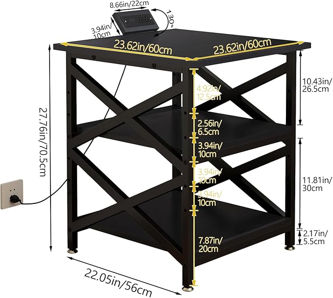 Large Printer Stand with Power Outlet with Height Adjustable Storage Shelf 3 Tier Rolling Printer Cart with Industrial Wheels 23.6 x 23.6 Inches Printer Table for Home OfficeBlack