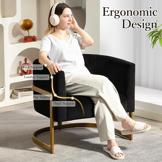 Modern Black Accent Chair Velvet Barrel Chair Padded Seat Upholstered Comfy Armchair for Reading/Living Room/Bedroom/Club Side Chairs with Luxury Gold Frame