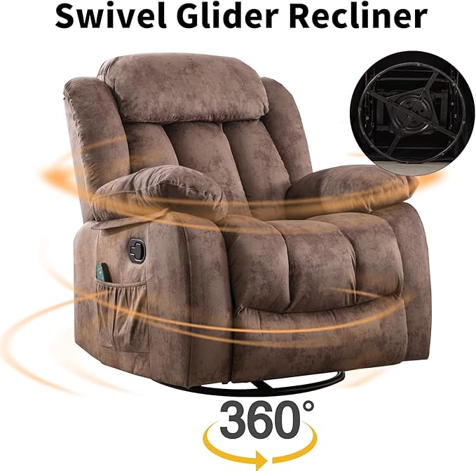 INZOY Rocker Recliner with Heat and Vibration Manual Swivel Rocking Chair with Vibrating Massage Comfy Padded Overstuffed Soft Fabric Heated Recliner (Brown)