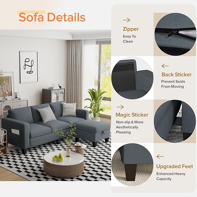 Sectional Sofa Couches for Living Room - 78''Convertible Modular Three-Seater L-Shaped Pet-Friendly CouchWashable Sofa Cover-Bench Storage Suitable for Small Living Room ApartmentOffice-Blue-Gray