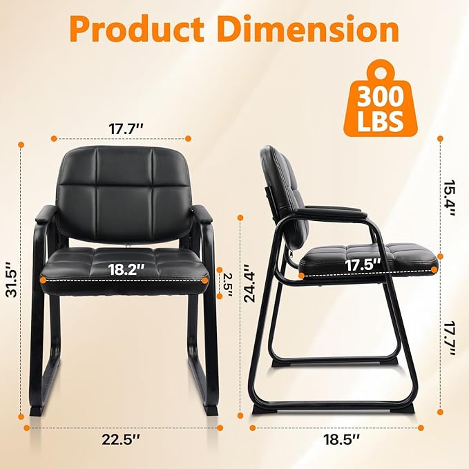 CLATINA Leather Office Guest Waiting Room Chair with Sled Base Reception Chair No Wheels with Armrests and Lumber Support Stationary Desk Armchair for Meeting Conference Lobby Shool Black 4 PK