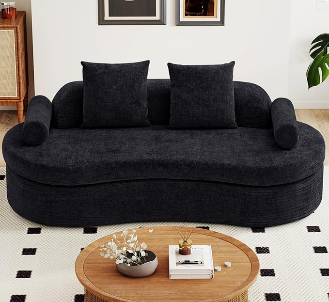 AVZEAR 78 Curved Loveseat Sofa Chenille Upholstered 2 Seater Couch for Living Room No Assembly Modern Love Seat Cloud Sofa with 2 Bolster Pillows &amp 2 Square Pillows High-Density Foam Black